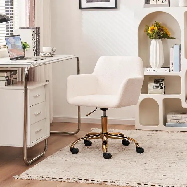 Alt view image 7 of 7 - HomVent Modern Faux Fur Cute Office Chair, Upholstered Faux Fur Makeup Vanity Chair, White Furry Desk Chair with Wheels & Gold Base,Ergonomic Adjustable Swivel Task Chair for Girls Women Bedroom Study