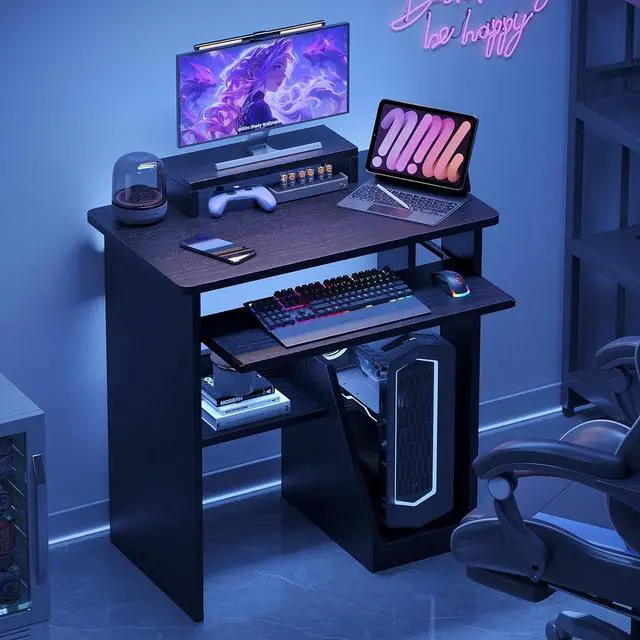 Alt view image 2 of 7 - ALISENED 29.5" Small Computer Desk with Keyboard Tray Monitor Stand, Study Writing Desk with Storage Shelves, Modern Workstation for Small Spaces, Save Space, Black