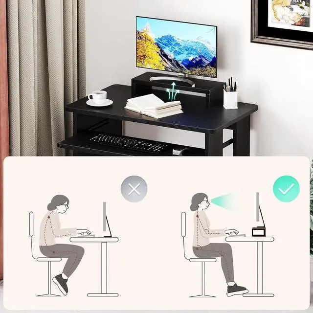 Alt view image 6 of 7 - ALISENED 29.5" Small Computer Desk with Keyboard Tray Monitor Stand, Study Writing Desk with Storage Shelves, Modern Workstation for Small Spaces, Save Space, Black