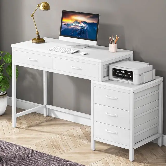 Main image of Tribesigns Computer Desk with 5 Drawers, Home Office Desks with Reversible Drawer Cabinet Printer Stand, Industrial PC Desk with Storage, White Study Writing Table Workstation for Small Spaces
