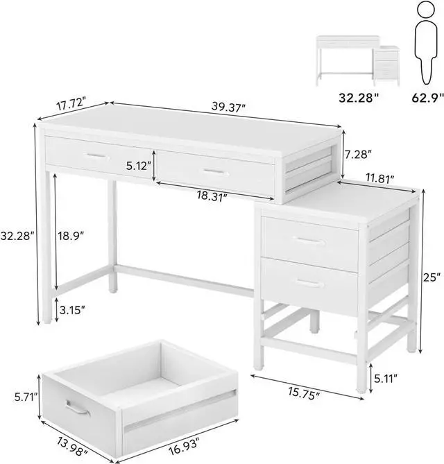 Alt view image 2 of 7 - Tribesigns Computer Desk with 5 Drawers, Home Office Desks with Reversible Drawer Cabinet Printer Stand, Industrial PC Desk with Storage, White Study Writing Table Workstation for Small Spaces