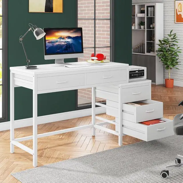 Alt view image 3 of 7 - Tribesigns Computer Desk with 5 Drawers, Home Office Desks with Reversible Drawer Cabinet Printer Stand, Industrial PC Desk with Storage, White Study Writing Table Workstation for Small Spaces
