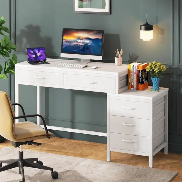 Alt view image 4 of 7 - Tribesigns Computer Desk with 5 Drawers, Home Office Desks with Reversible Drawer Cabinet Printer Stand, Industrial PC Desk with Storage, White Study Writing Table Workstation for Small Spaces