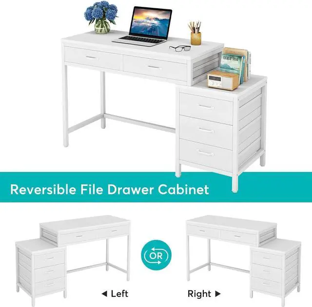 Alt view image 7 of 7 - Tribesigns Computer Desk with 5 Drawers, Home Office Desks with Reversible Drawer Cabinet Printer Stand, Industrial PC Desk with Storage, White Study Writing Table Workstation for Small Spaces