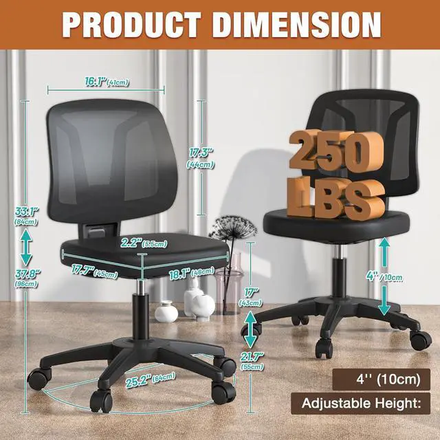 Alt view image 2 of 6 - Swivel Comfy Small Office Desk Chair No Arms for Home with Adjustable Height Back Support for Small Spaces