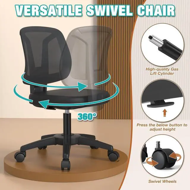 Alt view image 4 of 6 - Swivel Comfy Small Office Desk Chair No Arms for Home with Adjustable Height Back Support for Small Spaces