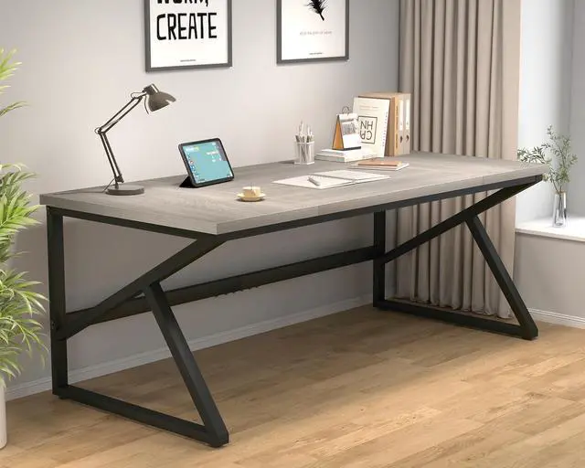 Alt view image 3 of 7 - HSH 70 Inch Long Grey Desk, Large Home Office Computer Desk for 2 People, Industrial Wood and Metal Executive Work Writing Study Gaming Desk Table, Modern Bedroom Simple PC Laptop Desk Double Desk