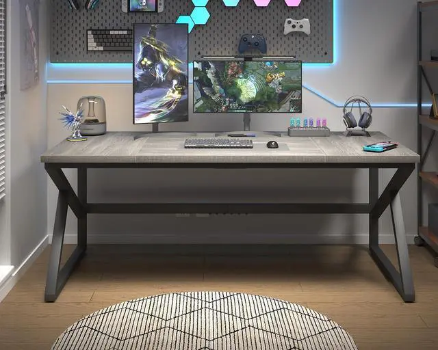 Alt view image 4 of 7 - HSH 70 Inch Long Grey Desk, Large Home Office Computer Desk for 2 People, Industrial Wood and Metal Executive Work Writing Study Gaming Desk Table, Modern Bedroom Simple PC Laptop Desk Double Desk