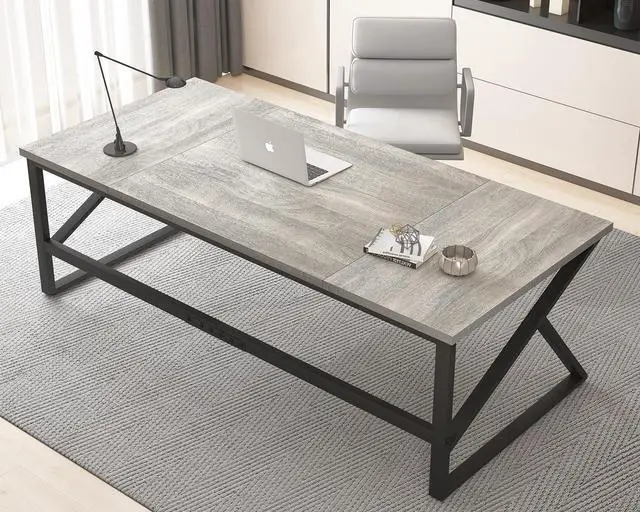 Alt view image 5 of 7 - HSH 70 Inch Long Grey Desk, Large Home Office Computer Desk for 2 People, Industrial Wood and Metal Executive Work Writing Study Gaming Desk Table, Modern Bedroom Simple PC Laptop Desk Double Desk