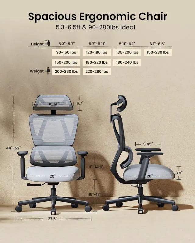 Alt view image 2 of 7 - ProtoArc Ergonomic Office Chair with 30% Thicker Saddle Shaped Spring Cushion, Adaptive Lumbar Support, Big and Tall Mesh Chair with Headrest for Home Office, Desk Chair with Wheels EC100 (Grey)
