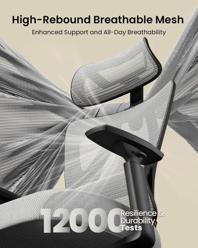 Alt view image 5 of 7 - ProtoArc Ergonomic Office Chair with 30% Thicker Saddle Shaped Spring Cushion, Adaptive Lumbar Support, Big and Tall Mesh Chair with Headrest for Home Office, Desk Chair with Wheels EC100 (Grey)