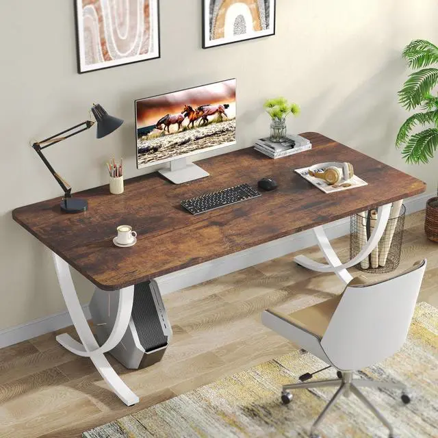 Alt view image 3 of 7 - Executive Desk, 63 W x 31.5 D Large Office Modern Computer Desk Conference Table Meeting Room Table, Business Furniture for Home Office, White and Walnut by DT