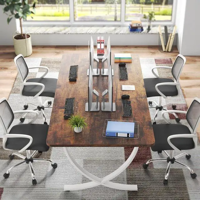 Alt view image 4 of 7 - Executive Desk, 63 W x 31.5 D Large Office Modern Computer Desk Conference Table Meeting Room Table, Business Furniture for Home Office, White and Walnut by DT