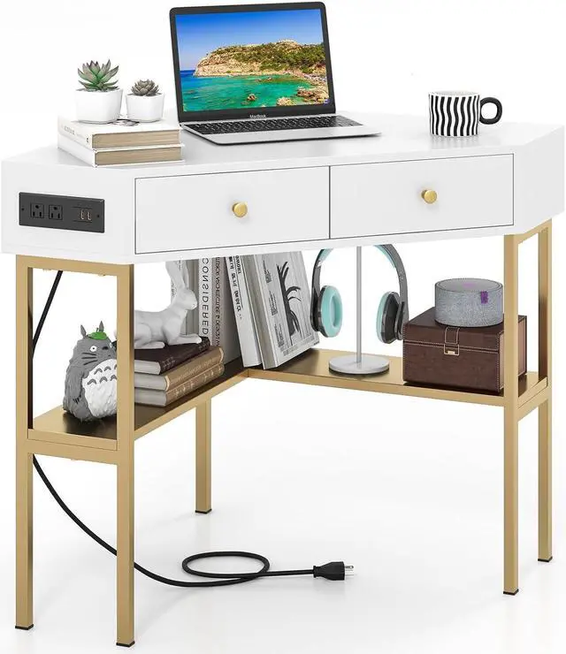 Main image of Tangkula Corner Desk with 2 Drawers & Built-in Charging Station, 90 Degrees Triangle Computer Desk for Small Space, Bedroom Makeup Vanity Desk with Storage Shelves, Corner Writing Desk