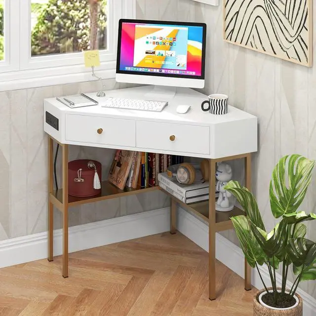 Alt view image 2 of 7 - Tangkula Corner Desk with 2 Drawers & Built-in Charging Station, 90 Degrees Triangle Computer Desk for Small Space, Bedroom Makeup Vanity Desk with Storage Shelves, Corner Writing Desk