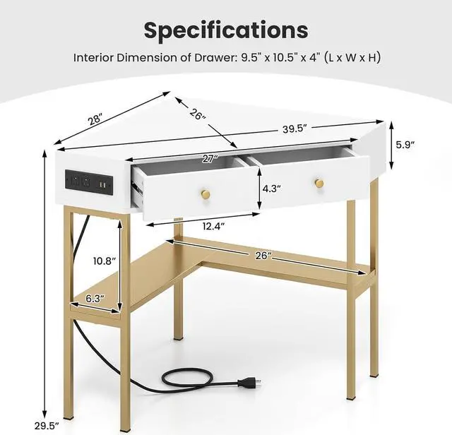 Alt view image 3 of 7 - Tangkula Corner Desk with 2 Drawers & Built-in Charging Station, 90 Degrees Triangle Computer Desk for Small Space, Bedroom Makeup Vanity Desk with Storage Shelves, Corner Writing Desk