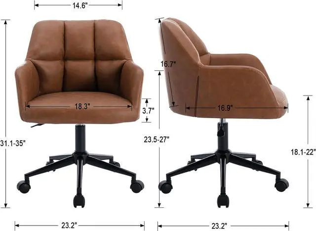 Alt view image 2 of 7 - Modern PU Leather Office Chair, Height Adjustable Comfy Desk Chair with Wheels, 18.3 Wide Swivel Armchair for Living Room Home Office Computer, Brown