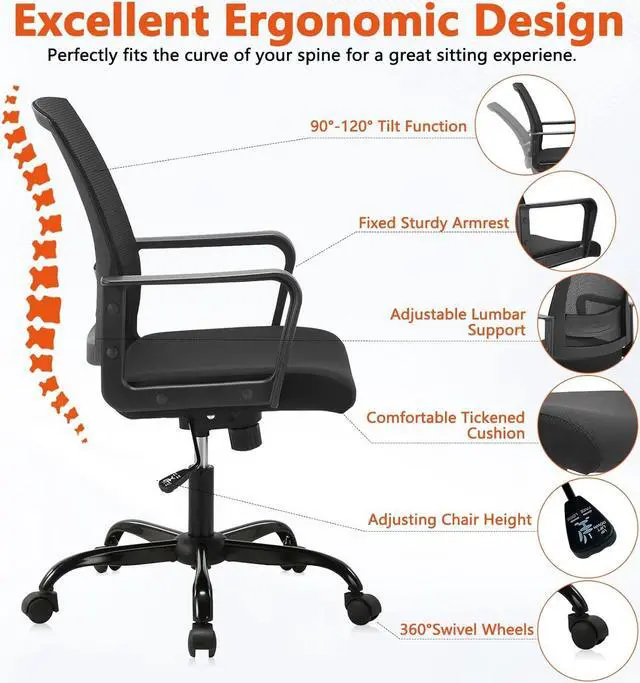 Alt view image 6 of 7 - CLATINA Ergonomic Rolling Mesh Desk Chair with Executive Lumbar Support and Adjustable Swivel Design for Home Office Computer Black 2 Pack
