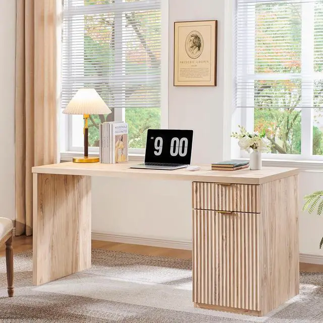 Main image of 60" Modern Executive Desk with Storage, Wood Home Office Desk with Drawer & Cabinet, Fluted Computer Writing Desk for Study, Living Room, Bedroom, Oak