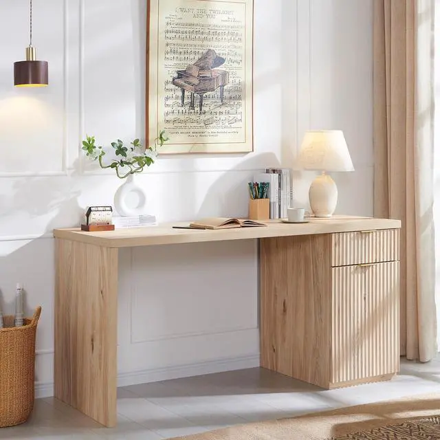 Alt view image 3 of 6 - 60" Modern Executive Desk with Storage, Wood Home Office Desk with Drawer & Cabinet, Fluted Computer Writing Desk for Study, Living Room, Bedroom, Oak