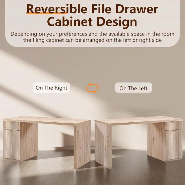 Alt view image 5 of 6 - 60" Modern Executive Desk with Storage, Wood Home Office Desk with Drawer & Cabinet, Fluted Computer Writing Desk for Study, Living Room, Bedroom, Oak