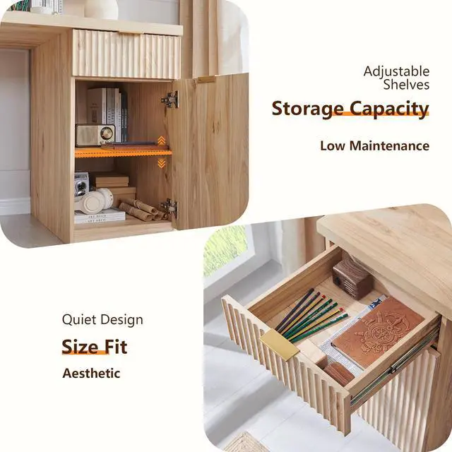 Alt view image 6 of 6 - 60" Modern Executive Desk with Storage, Wood Home Office Desk with Drawer & Cabinet, Fluted Computer Writing Desk for Study, Living Room, Bedroom, Oak