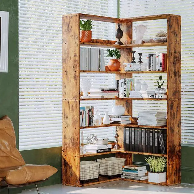Alt view image 2 of 7 - IRONCK Bookshelves 6 Tiers with Baffles Industrial Large Corner Etagere Bookcase Storage Display Rack for Living Room Home Office