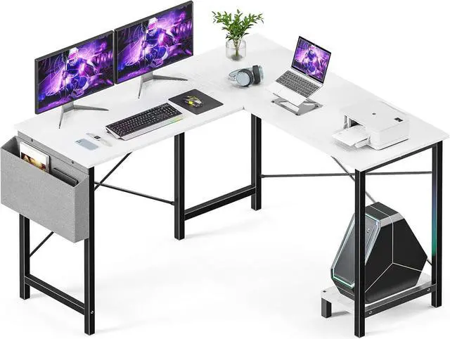 Main image of L Shaped Desk Gaming Computer 50 Inch Reversible Corner Table PC for Writing Study Student with Wood Tabletop Metal Frame CPU Stand Side Bag for Home Office Small Place, White