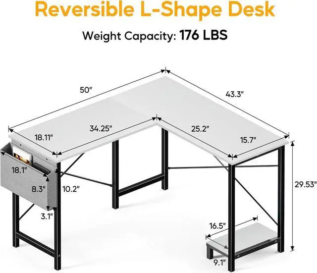 Alt view image 3 of 7 - L Shaped Desk Gaming Computer 50 Inch Reversible Corner Table PC for Writing Study Student with Wood Tabletop Metal Frame CPU Stand Side Bag for Home Office Small Place, White