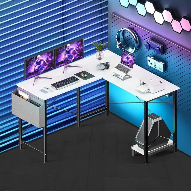 Alt view image 2 of 7 - L Shaped Desk Gaming Computer 50 Inch Reversible Corner Table PC for Writing Study Student with Wood Tabletop Metal Frame CPU Stand Side Bag for Home Office Small Place, White