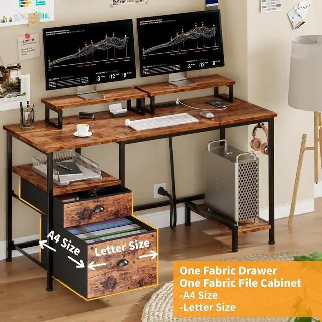 Alt view image 6 of 7 - Furologee Computer Desk with Drawer and Power Outlets, 47" Office Desk with 2 Monitor Stands and Fabric File Cabinet, Writing Gaming Table with Shelves and 2 Hooks for Home Office, Rustic Brown