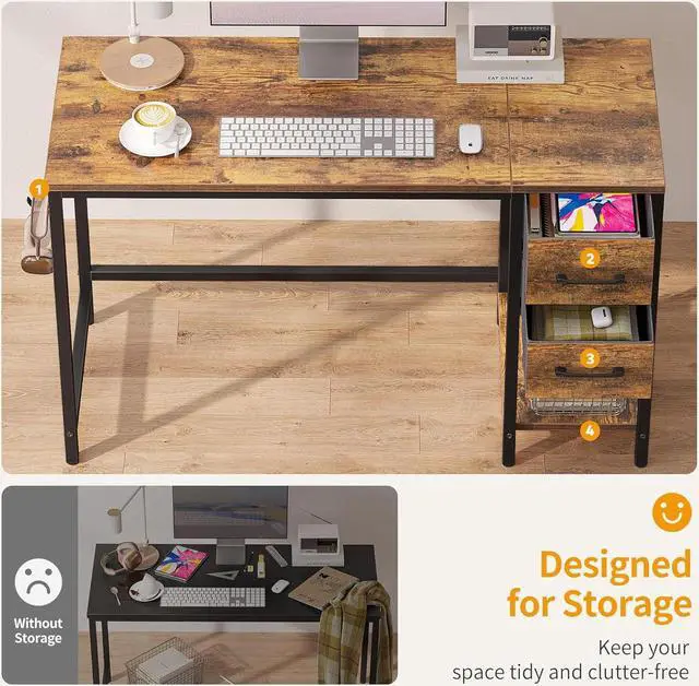 Alt view image 4 of 7 - CubiCubi Computer Desk with 2 Drawers, 40 Inch Small Home Office Desk Study Writing Table, Rustic Brown