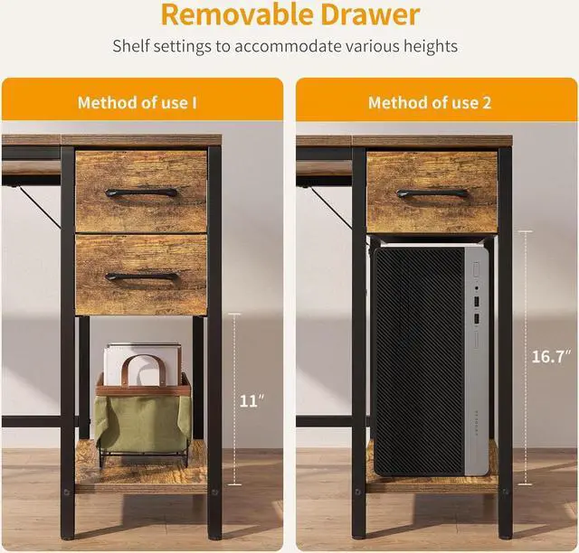 Alt view image 5 of 7 - CubiCubi Computer Desk with 2 Drawers, 40 Inch Small Home Office Desk Study Writing Table, Rustic Brown