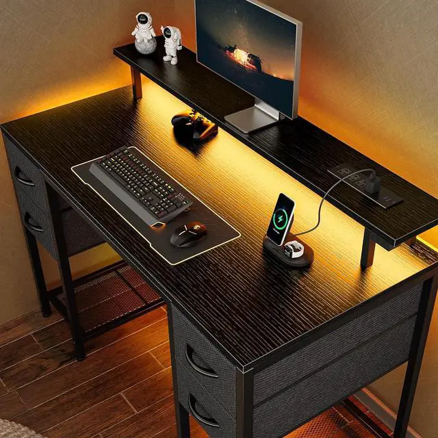 Main image of Huuger 47 inch Computer Desk with 4 Drawers, Gaming Desk with LED Lights & Power Outlets, Home Office Desk with Large Storage Space for Bedroom, Work from Home, Black