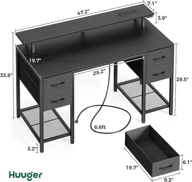 Alt view image 2 of 7 - Huuger 47 inch Computer Desk with 4 Drawers, Gaming Desk with LED Lights & Power Outlets, Home Office Desk with Large Storage Space for Bedroom, Work from Home, Black