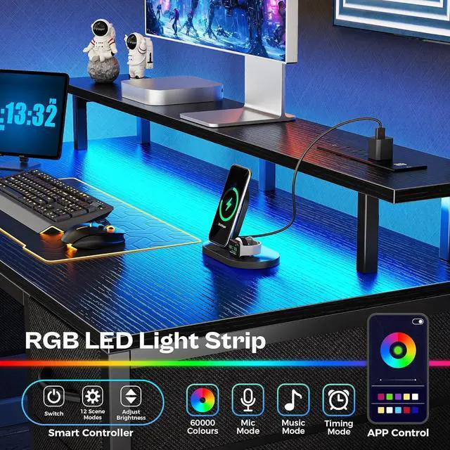 Alt view image 3 of 7 - Huuger 47 inch Computer Desk with 4 Drawers, Gaming Desk with LED Lights & Power Outlets, Home Office Desk with Large Storage Space for Bedroom, Work from Home, Black