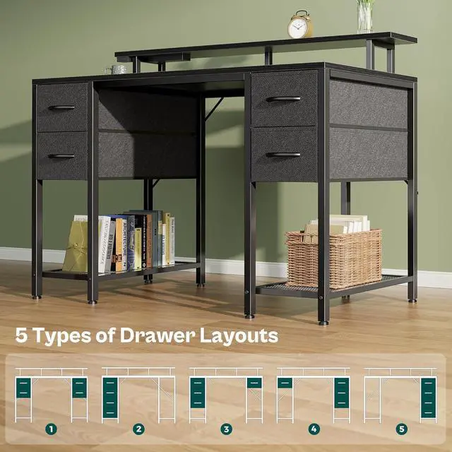 Alt view image 6 of 7 - Huuger 47 inch Computer Desk with 4 Drawers, Gaming Desk with LED Lights & Power Outlets, Home Office Desk with Large Storage Space for Bedroom, Work from Home, Black