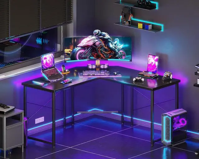 Alt view image 2 of 7 - Casaottima L Shaped Gaming Desk, Corner Desk Gaming Table for Home Office, Computer Desk Sturdy Writing Workstation for Small Space, Easy to Assemble, 51 inch, Carbon Fiber Surface, Black