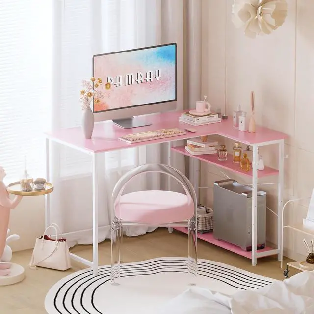 Alt view image 2 of 6 - Pamray 43 Inch L Shaped Computer Desk with Reversible Side Storage Shelves, Small Corner Desk for Small Space Home Office,Writing Study Table PC Desk for Bedroom,Pink with White Leg