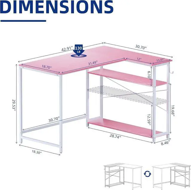 Alt view image 3 of 6 - Pamray 43 Inch L Shaped Computer Desk with Reversible Side Storage Shelves, Small Corner Desk for Small Space Home Office,Writing Study Table PC Desk for Bedroom,Pink with White Leg