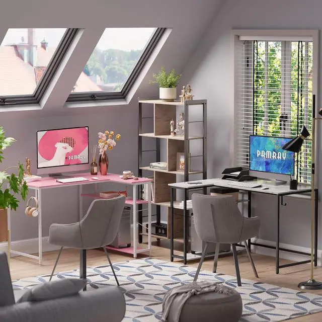 Alt view image 6 of 6 - Pamray 43 Inch L Shaped Computer Desk with Reversible Side Storage Shelves, Small Corner Desk for Small Space Home Office,Writing Study Table PC Desk for Bedroom,Pink with White Leg
