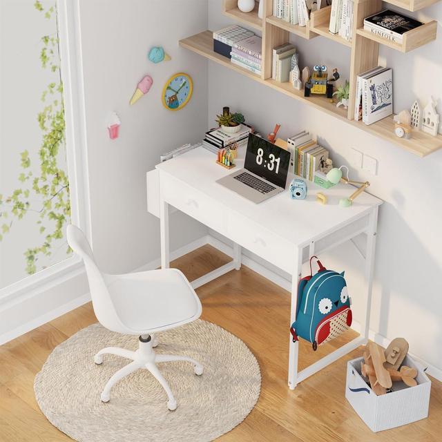 Alt view image 2 of 7 - Lufeiya Small White Desk with Drawers - for Bedroom, 32 Inch Home Office Computer Desk with Fabric Storage Drawer and Bag, Study Writing Table for Small Spaces, White