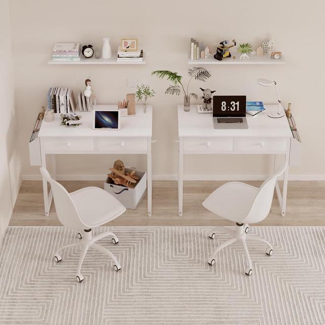 Alt view image 6 of 7 - Lufeiya Small White Desk with Drawers - for Bedroom, 32 Inch Home Office Computer Desk with Fabric Storage Drawer and Bag, Study Writing Table for Small Spaces, White