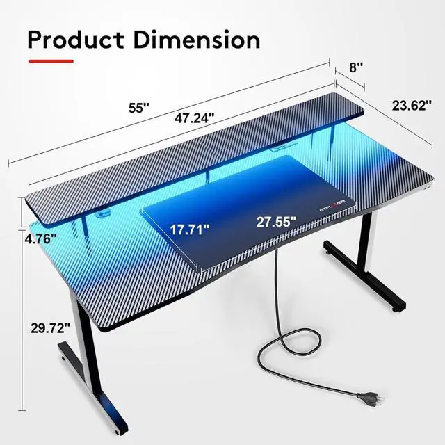 Alt view image 2 of 7 - GTRACING 55 Inch Gaming Desk, Computer Gamer Desk with Monitor Stand, Ergonomic Carbon Fiber Surface Gaming Table with Power Outlet and Mouse Pad for Home Office, RGB