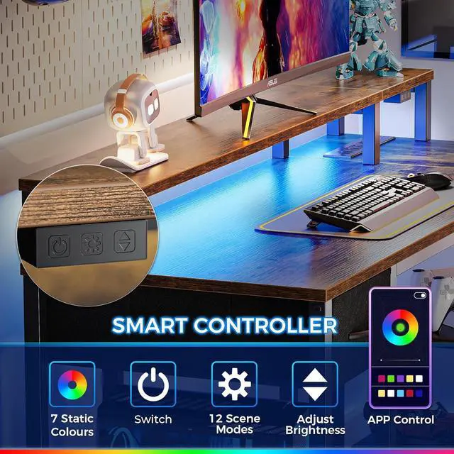 Alt view image 5 of 7 - SUPERJARE 47 inch Reversible L Shaped Desk with LED Lights & Power Outlets, Computer Desk with Shelves & Monitor Stand, Gaming Desk with Drawer, Home Office Desk Corner Desk, Rustic Brown