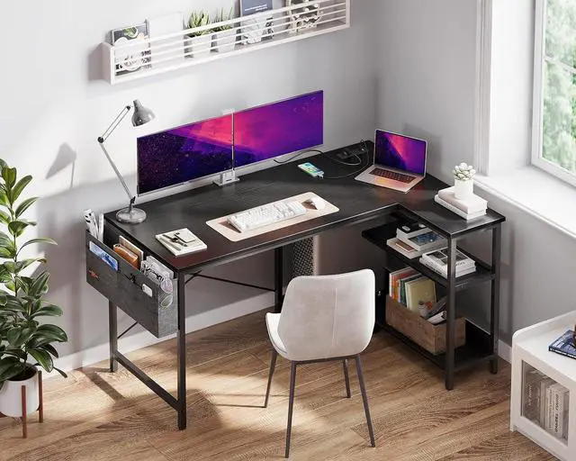 Alt view image 2 of 6 - ODK 48 Inch Small L Shaped Gaming Computer Desk with Power Outlets, Reversible Storage Shelves & PC Stand for Home Office, Simple Writing Study Table with Storage Bag for Small Space, Black