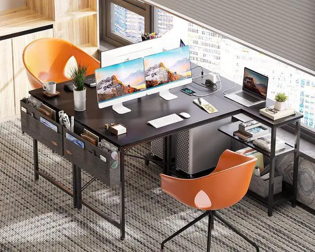 Alt view image 4 of 6 - ODK 48 Inch Small L Shaped Gaming Computer Desk with Power Outlets, Reversible Storage Shelves & PC Stand for Home Office, Simple Writing Study Table with Storage Bag for Small Space, Black