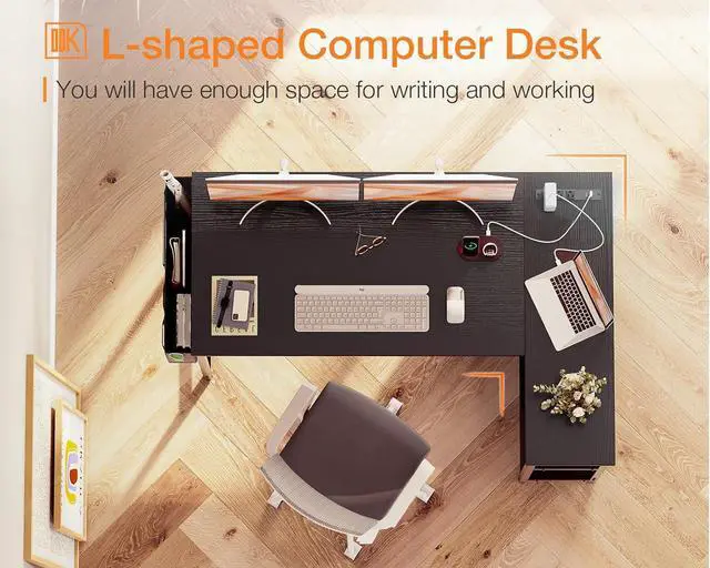 Alt view image 6 of 6 - ODK 48 Inch Small L Shaped Gaming Computer Desk with Power Outlets, Reversible Storage Shelves & PC Stand for Home Office, Simple Writing Study Table with Storage Bag for Small Space, Black
