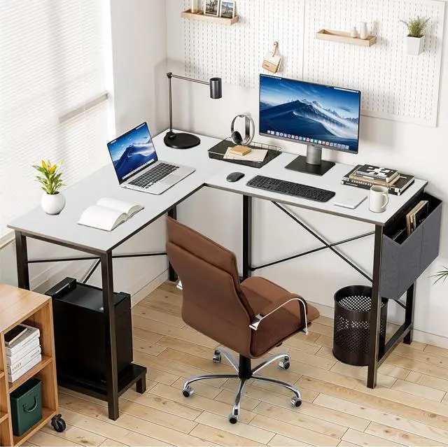 Alt view image 7 of 7 - L Shaped Desk Gaming Computer 50 Inch Reversible Corner Table PC for Writing Study Student with Wood Tabletop Metal Frame CPU Stand Side Bag for Home Office Small Place, White