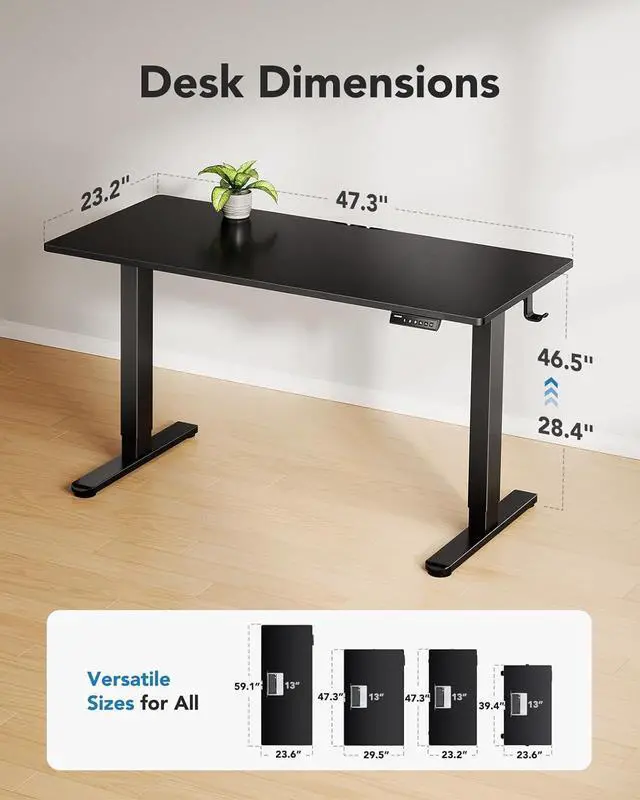 Alt view image 3 of 7 - HUANUO Electric Standing Desk, 48" x 24" Whole Piece Desktop, Adjustable Height Computer Desks, 4 Height Memory Settings, Sit Stand Up Desk for Home Office, Black
